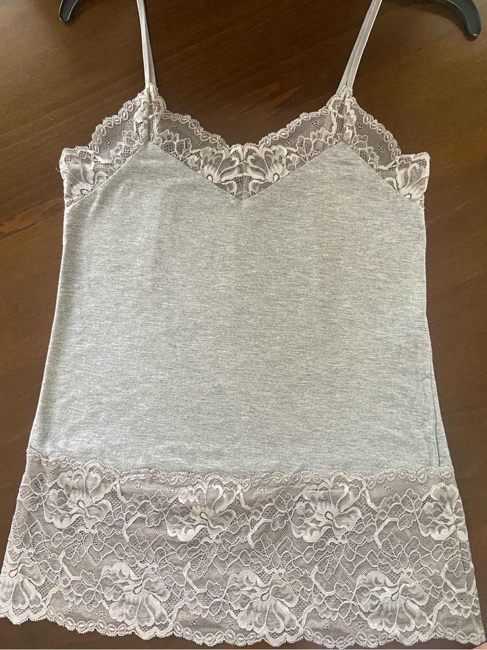 2/$15* White House Black Market Gray Camisole w/ lace hem, adjustable straps. S
